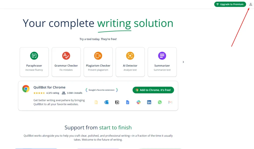 Click on profile icon on QuillBot homepage
